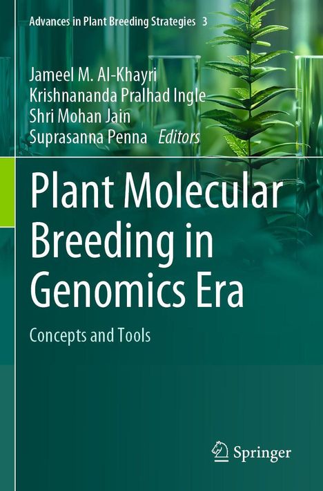 Text: "Plant Molecular Breeding in Genomics Era: Concepts and Tools". Grün-blaues Cover mit Pflanze im Hintergrund.