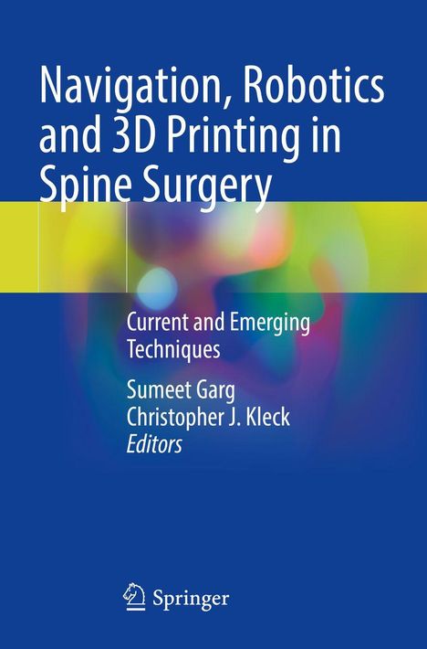 „Navigation, Robotics and 3D Printing in Spine Surgery“ in großer weißer Schrift auf blauem Hintergrund. Springer-Logo unten.