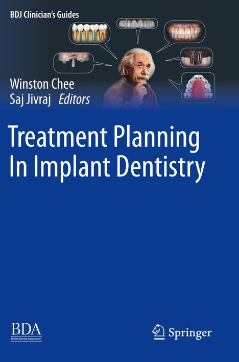 Titel: Treatment Planning In Implant Dentistry. Illustration von einem nachdenklichen Mann und Zahnsymbolen.