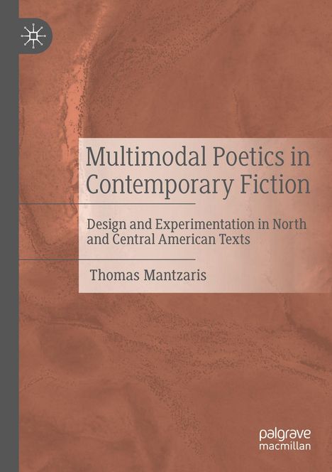 "Multimodal Poetics in Contemporary Fiction" von Thomas Mantzaris. Dunkelrotes, strukturiertes Hintergrunddesign.