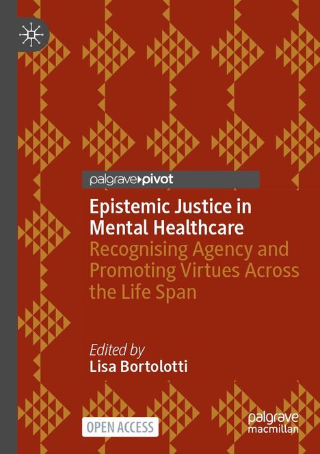 Titel: "Epistemic Justice in Mental Healthcare". Rotes geometrisches Muster mit abwechselnden goldenen Dreiecken.