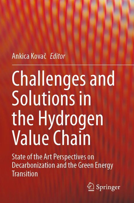 Text: "Challenges and Solutions in the Hydrogen Value Chain" auf buntem, rot-orange gemustertem Hintergrund.