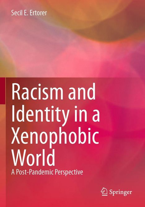 Titel: "Racism and Identity in a Xenophobic World". Rosa-rote abstrakte Hintergrundgestaltung.