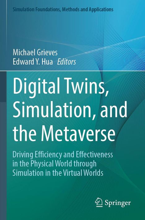 "Digital Twins, Simulation, and the Metaverse" steht vor einem abstrakten, blau-grünen Hintergrund mit dem Springer-Logo.