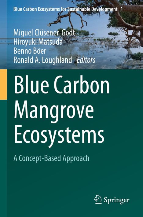 Titel: "Blue Carbon Mangrove Ecosystems". Hintergrund mit Bäumen im Wasser. Verlag Springer unten rechts.
