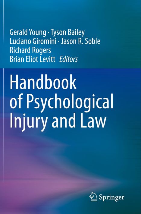 "Handbook of Psychological Injury and Law" mit Editorennamen darüber. Hintergrund in lila und blau mit Springer-Logo.