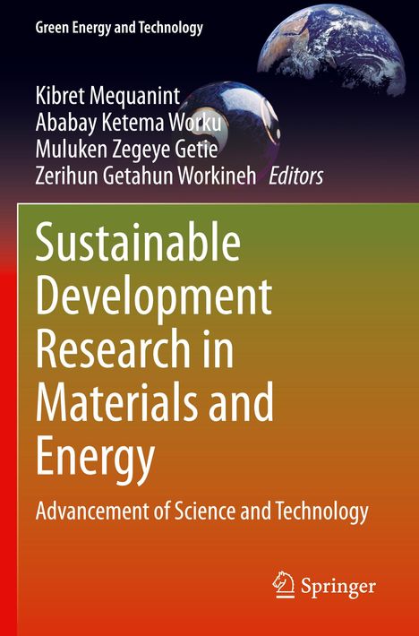 Sustainable Development Research in Materials and Energy. Oben Erdkugeln vor schwarzem Hintergrund, unten Springer-Logo.