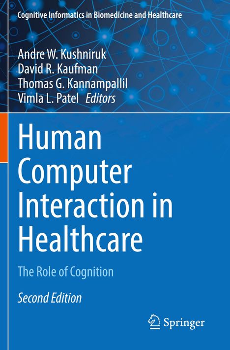 Ein blaues Buchcover mit Netzmustern, Text: "Human Computer Interaction in Healthcare, Second Edition, Springer".