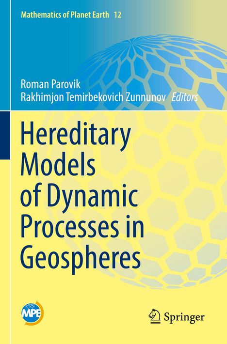 "Oberer Text: Mathematics of Planet Earth 12. Titel: Hereditary Models of Dynamic Processes in Geospheres. Blauton-Hintergrund."