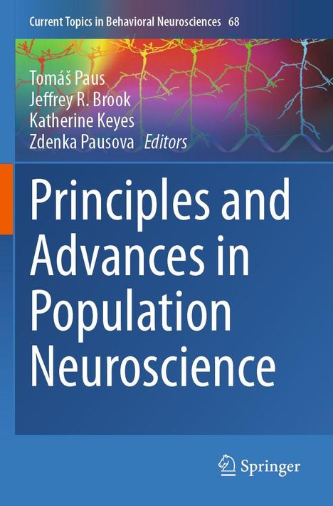 "Principles and Advances in Population Neuroscience" steht in großen weißen Buchstaben auf einem blauen Hintergrund.