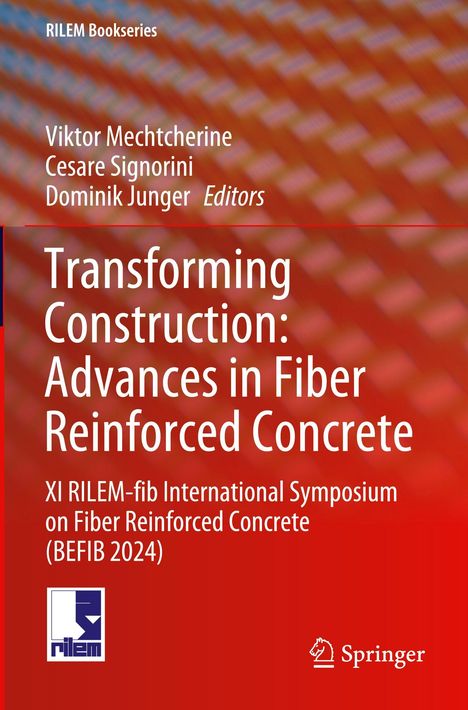 Titel: "Transforming Construction: Advances in Fiber Reinforced Concrete". Rotes geometrisches Muster im Hintergrund.