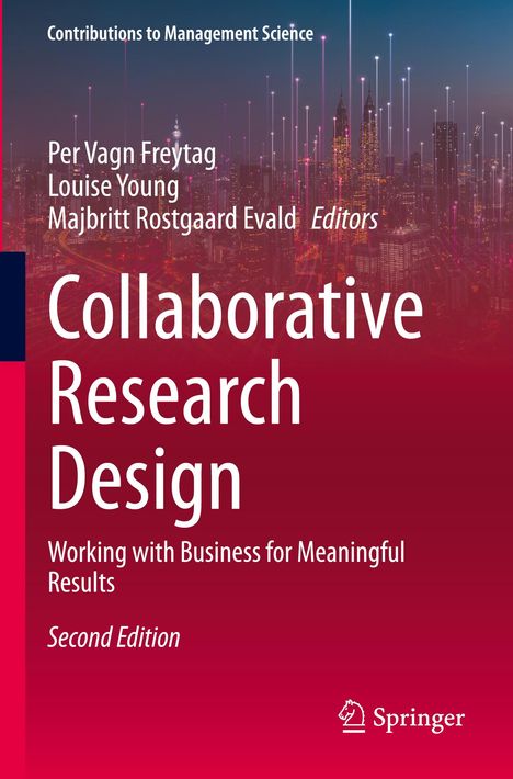 "Collaborative Research Design", zweite Edition, von Freytag, Young, Evald. Skyline mit leuchtenden Linien, Springer-Logo.