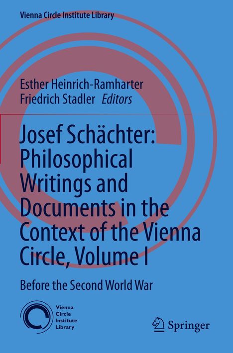 Titel: Josef Schächter: Philosophical Writings... Visualisiert durch rote Kreise auf blauem Hintergrund. Logos unten.