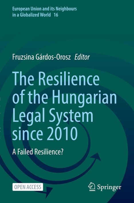Titel: "The Resilience of the Hungarian Legal System since 2010". Grüner Hintergrund mit Pfeilen.