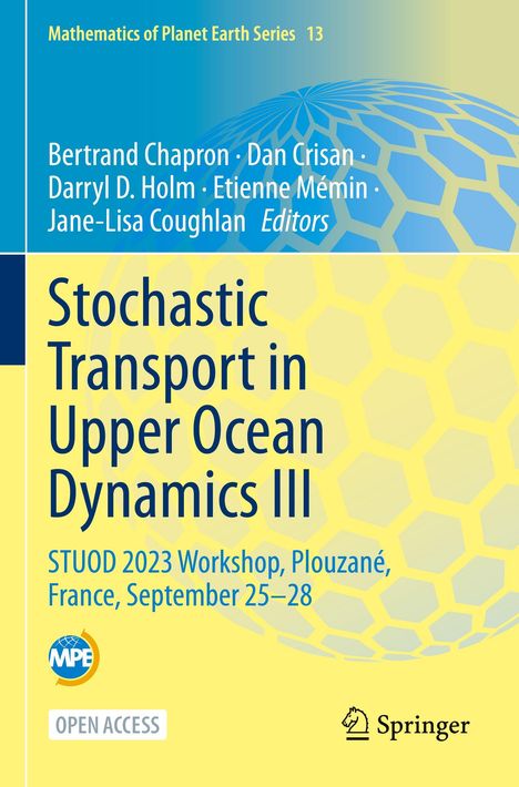 "Stochastic Transport in Upper Ocean Dynamics III", Konferenz in Plouzané, Frankreich, 25.–28. September. Gelbes, blaues Design. Springer-Logo.