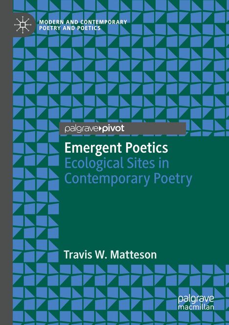 MODERN AND CONTEMPORARY POETRY AND POETICS. Geometrisches Muster aus blauen Dreiecken auf grünem Hintergrund.