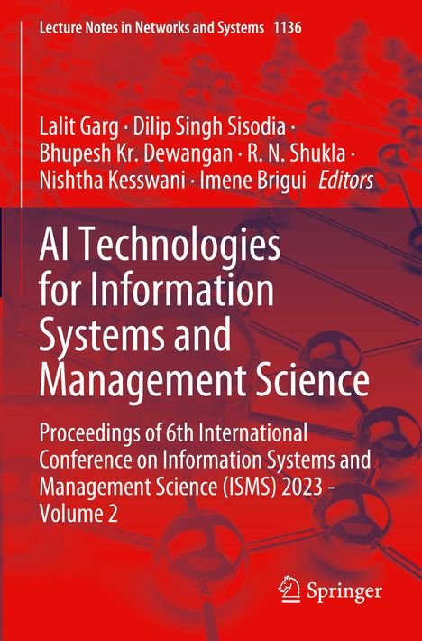Titel: AI Technologies for Information Systems and Management Science. Hintergrund: Rotes Muster mit Molekülstruktur.