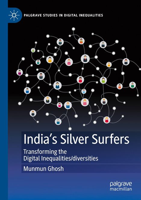 „India’s Silver Surfers“, Vernetzung von Symbolfiguren, Autor: Munmun Ghosh, blau-schwarzer Hintergrund.