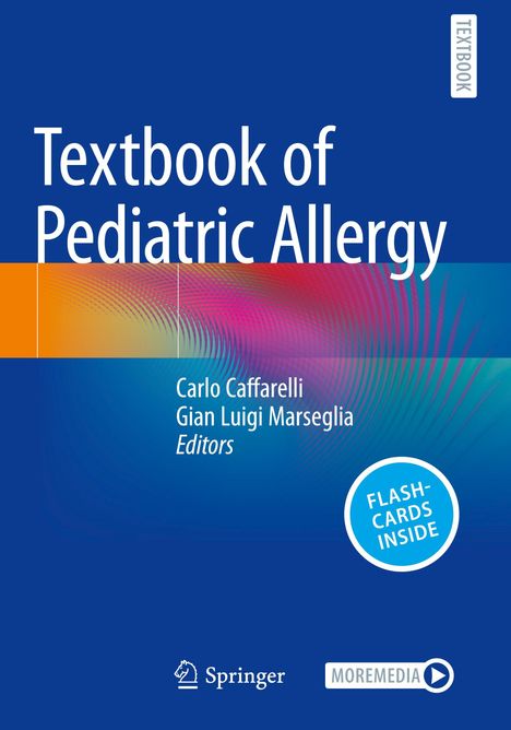 "Textbook of Pediatric Allergy" von Carlo Caffarelli, Gian Luigi Marseglia. Blaues Cover, bunte Wellen, Kreis mit "Flashcards Inside".