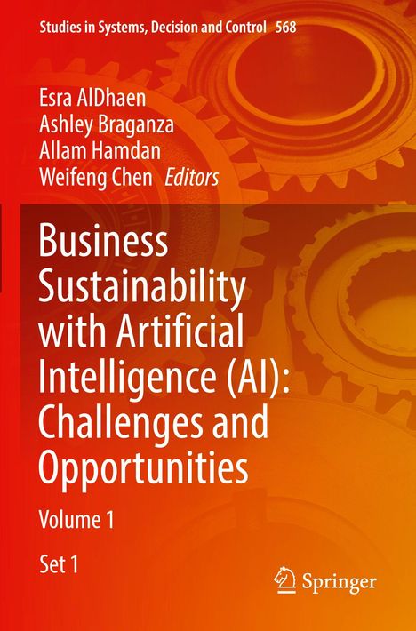 „Business Sustainability with Artificial Intelligence (AI): Challenges and Opportunities“. Zahnrad-Hintergrund.