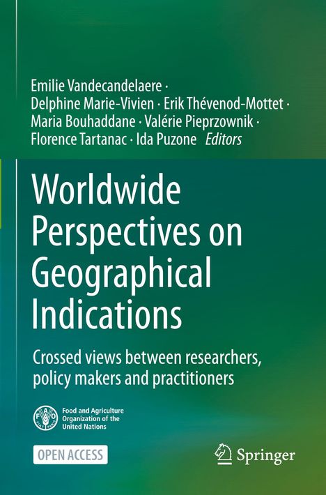 Buchtitel: "Worldwide Perspectives on Geographical Indications". Grüne Abdeckung mit FAO- und Springer-Logo.