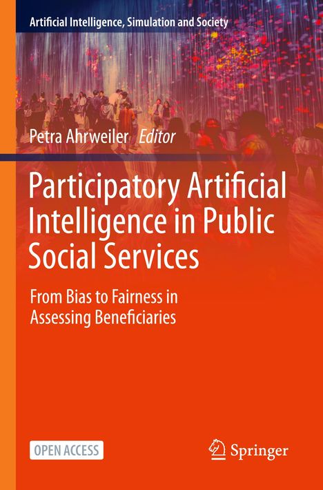Buchtitel: "Participatory Artificial Intelligence in Public Social Services". Lebendige, abstrakte Szene mit Personen. Springer-Logo.