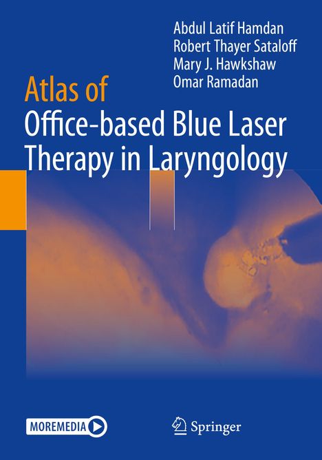 Text: "Atlas of Office-based Blue Laser Therapy in Laryngology" und Autorenliste. Illustration: Blau-orange Farbverlauf. Logos unten.