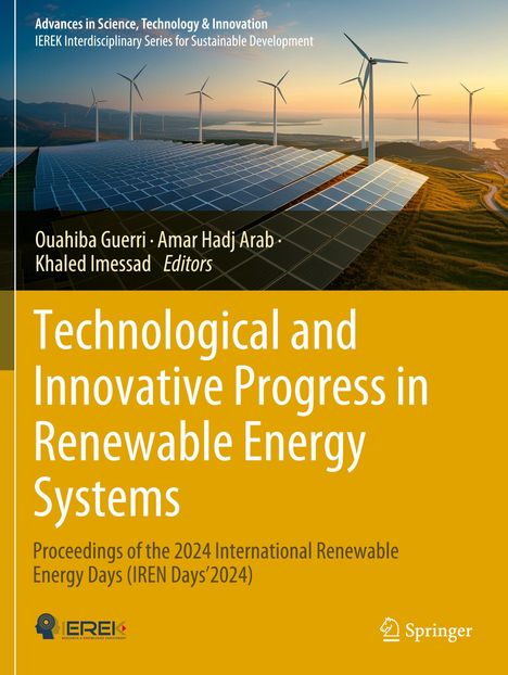 „Technological and Innovative Progress in Renewable Energy Systems“ ist auf dem Buchcover zu lesen, mit Windturbinen und Solarpanelen in der Landschaft.