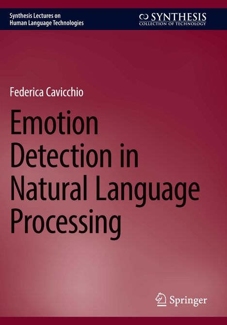 Titel: Emotion Detection in Natural Language Processing von Federica Cavicchio. Roter Hintergrund mit schwarzen Texten.
