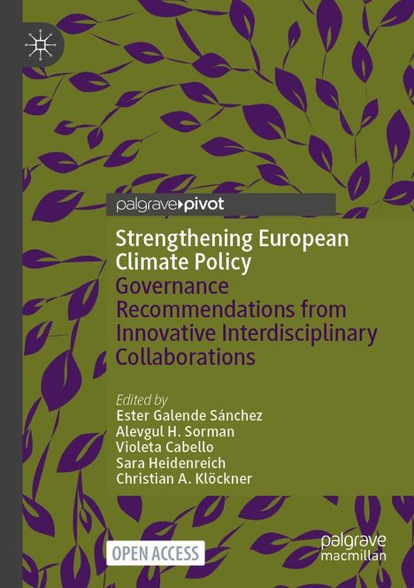 "Strengthening European Climate Policy" auf grünem Hintergrund mit violetten Blättern; "OPEN ACCESS"-Label.