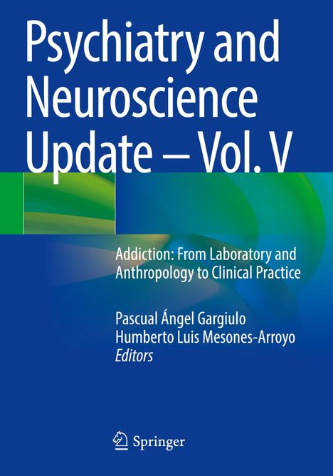 Blauer Hintergrund mit Text: "Psychiatry and Neuroscience Update – Vol. V". Darunter mehrfarbige abstrakte Muster.