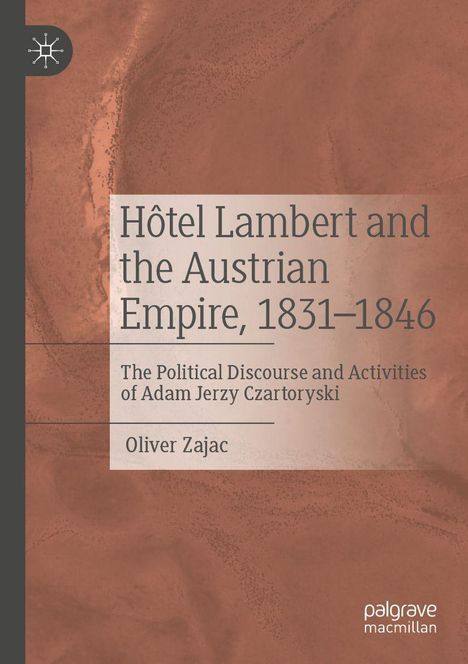 Titel: Hôtel Lambert and the Austrian Empire, 1831–1846. Hintergrund in erdigen Rotbrauntönen. Links Logo.