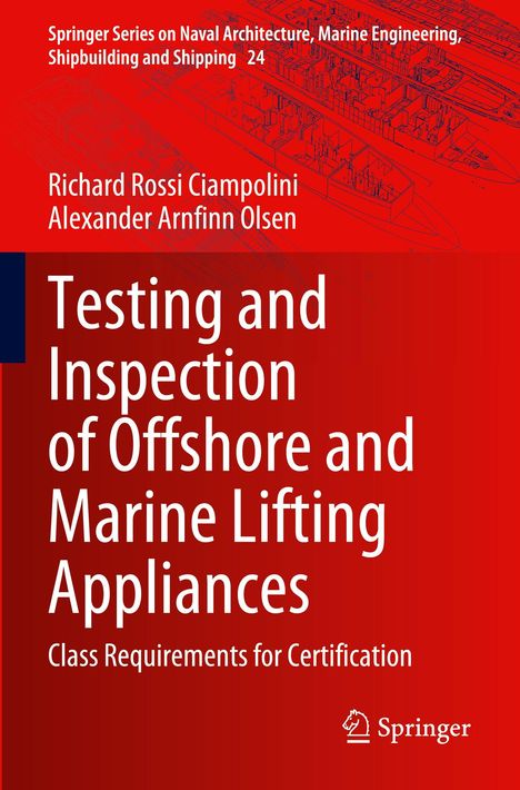 "Testing and Inspection of Offshore and Marine Lifting Appliances. Roter Hintergrund mit technischen Zeichnungen."