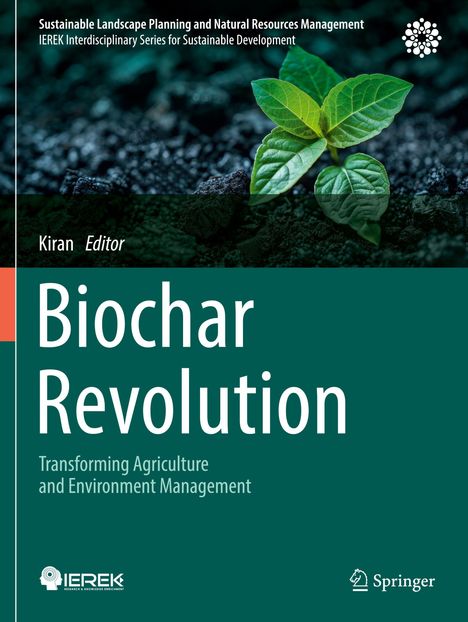 "Biochar Revolution: Transforming Agriculture and Environment Management." Grünes Pflänzchen auf dunklem Boden.