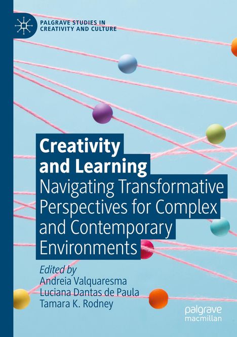 „Creativity and Learning“ ist ein Buch über transformative Perspektiven. Ein Cover mit bunten Bällen und Fäden.
