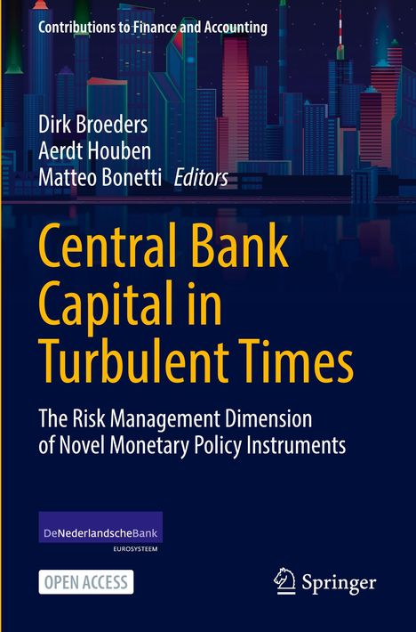 Vor dunklem Hintergrund steht der Titel "Central Bank Capital in Turbulent Times" in gelber Schrift. Oben sind Gebäude.