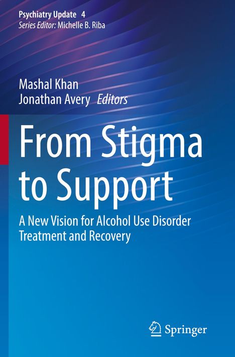 Text: "From Stigma to Support: A New Vision for Alcohol Use Disorder Treatment and Recovery." Hintergrund in Blau- und Lilatönen.