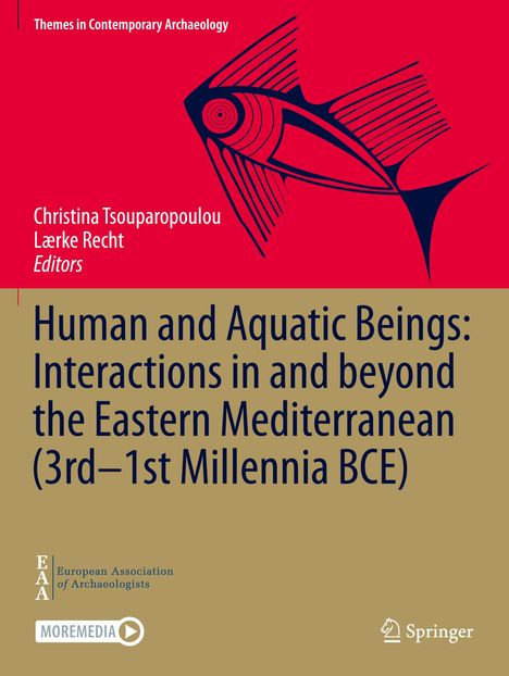 "Human and Aquatic Beings: Interactions", Fischillustration, rote und beige Farbtöne, Logos von EAA und MOREMEDIA.