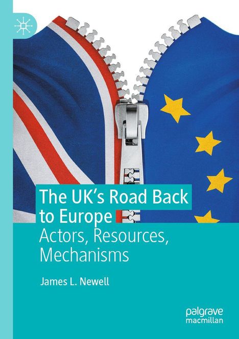 Der Titel lautet: "The UK's Road Back to Europe: Actors, Resources, Mechanisms" von James L. Newell. Ein Reißverschluss trennt die britische Flagge und die EU-Flagge.