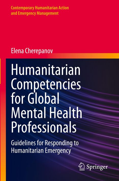Buchtitel: "Humanitarian Competencies for Global Mental Health Professionals" von Elena Cherepanov, mit abstraktem Hintergrund.