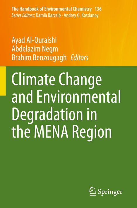 „Climate Change and Environmental Degradation in the MENA Region“; oranges und grünes Design; Springer-Logo.