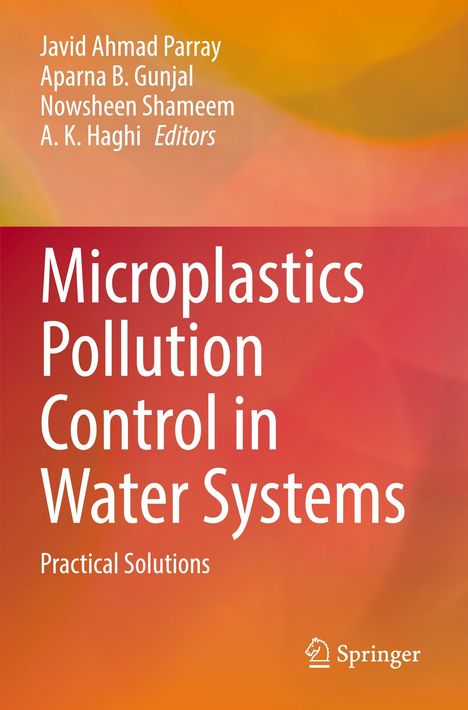 "Microplastics Pollution Control in Water Systems: Practical Solutions". Namen von Herausgebern. Buntes, abstraktes Design.