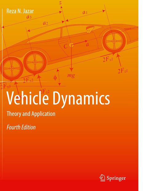 "Vehicle Dynamics: Theory and Application, Fourth Edition" von Reza N. Jazar, orangener Hintergrund mit Auto-Skizzen.