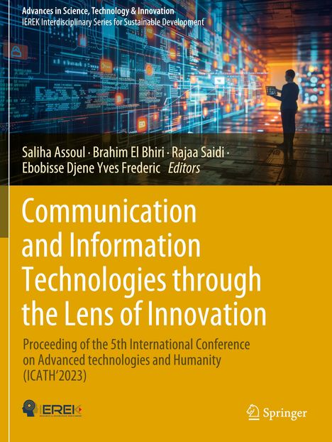 Text: „Communication and Information Technologies through the Lens of Innovation“. Silhouette vor digitaler Wand.