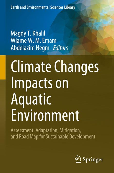„Climate Changes Impacts on Aquatic Environment“, Autoren, blauer Hintergrund mit abstrakten, polygonalen Mustern.
