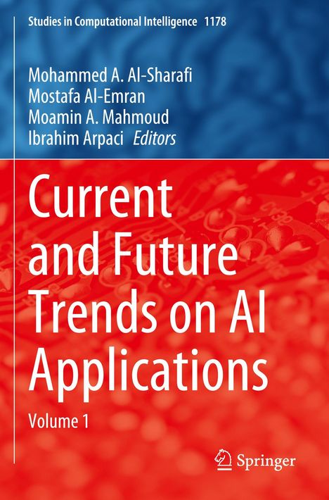 Fachbuchcover mit Texten: "Current and Future Trends on AI Applications, Volume 1". Oben blaue und unten rote Hintergrundgrafik.