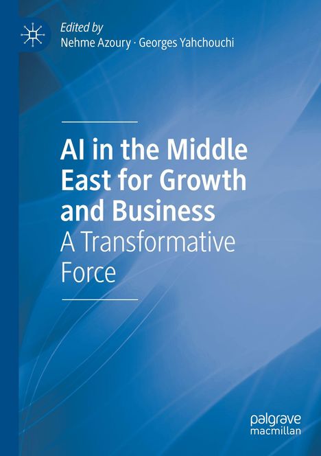 "AI in the Middle East for Growth and Business: A Transformative Force" in weißem Text auf blauem Hintergrund.
