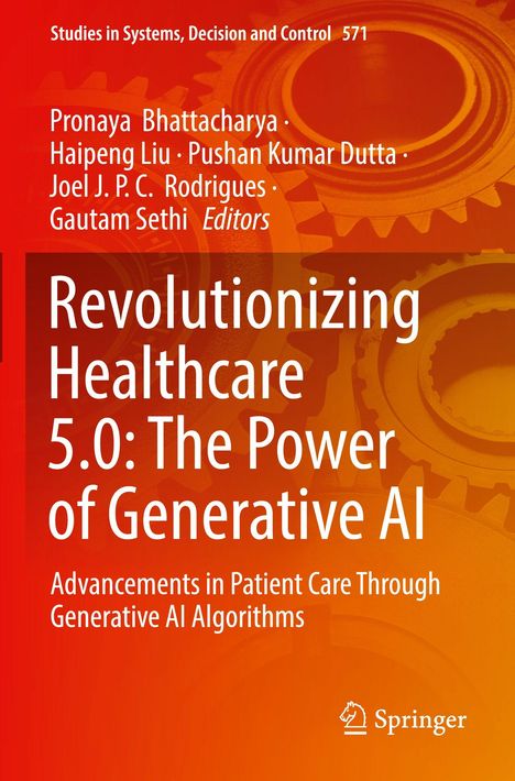„Revolutionizing Healthcare 5.0: The Power of Generative AI“. Orange Hintergrund mit Zahnrädern, Springer-Logo.