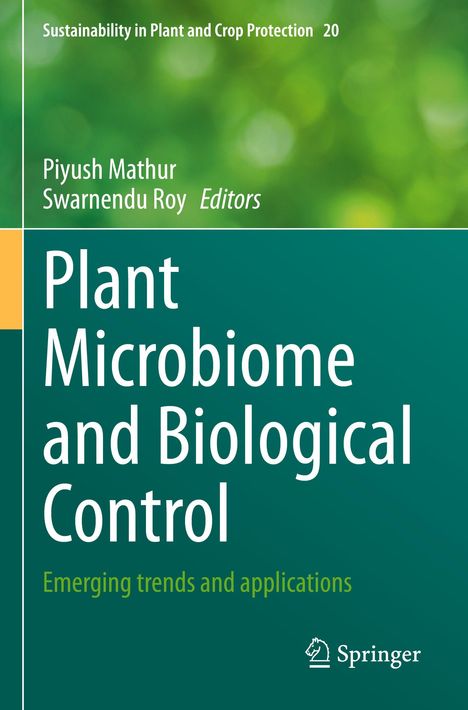 Titel: "Plant Microbiome and Biological Control". Herausgeber: Piyush Mathur, Swarnendu Roy. Braun-grüne Hintergrundgestaltung.
