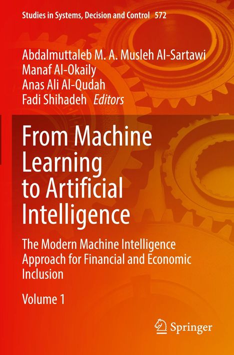 Text: "From Machine Learning to Artificial Intelligence" vor orangefarbenen Zahnrädern, mit Springer-Logo in der Ecke.